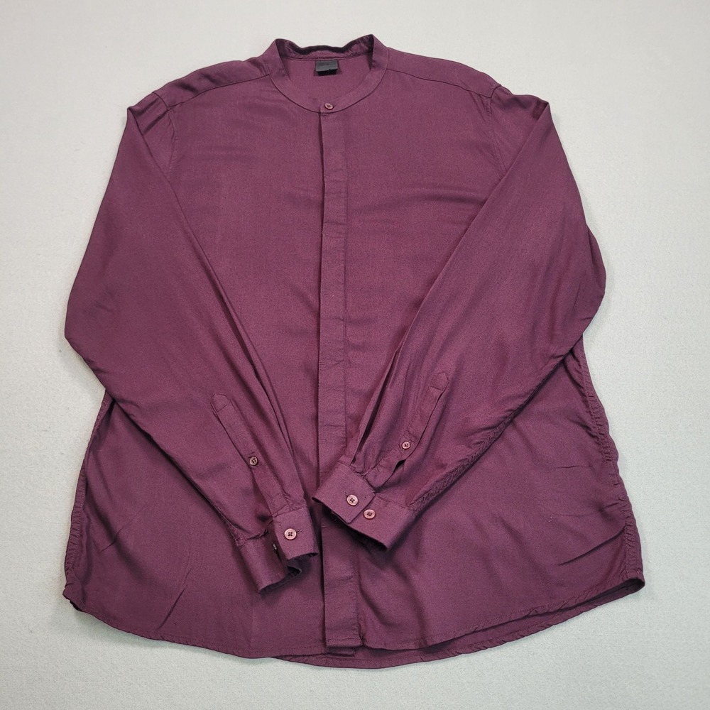 ASOS Mens Grandad Collar Long Sleeve Button Down Shirt‎ Burgundy Maroon Large